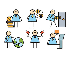 funny businessman characters stick figure in various poses vector illustration