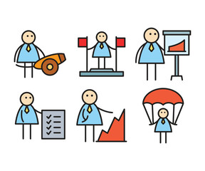 funny businessman characters stick figure in various poses vector illustration