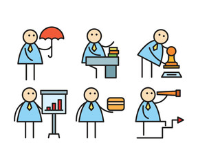 funny businessman characters stick figure in various poses vector illustration