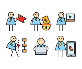 funny businessman characters stick figure in various poses vector illustration