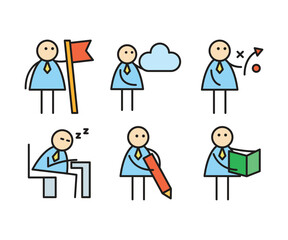 funny businessman characters stick figure in various poses vector illustration