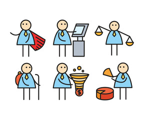 funny businessman characters stick figure in various poses vector illustration
