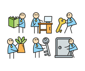funny businessman characters stick figure in various poses vector illustration