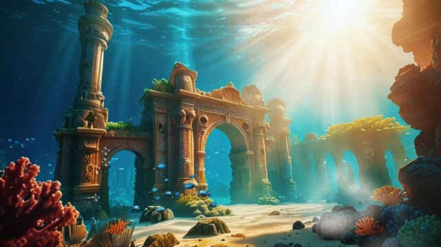 Beautiful seabed view with the ruins of the city of Atlantis, in a smooth looping background with 4K video animation.