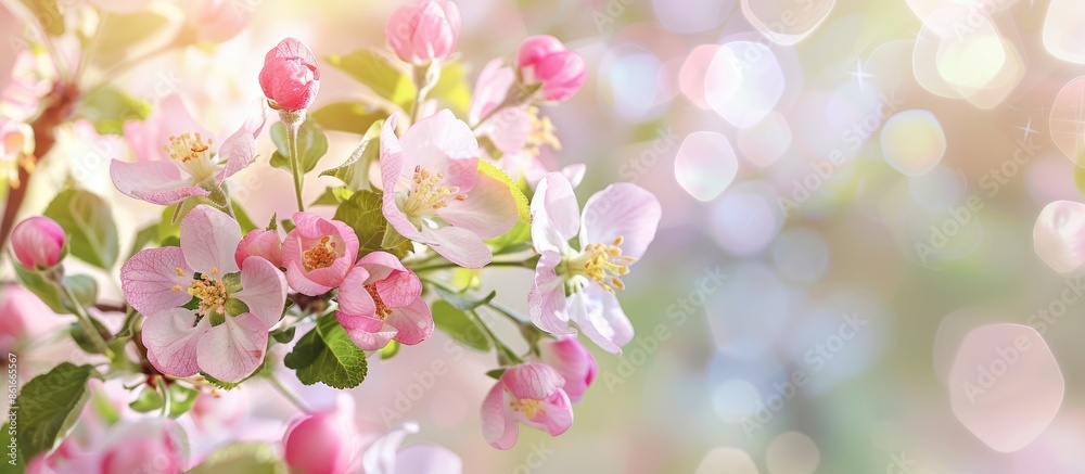 Aufkleber flowering apple tree branches in spring with pink flowers, perfect for a copy space image.