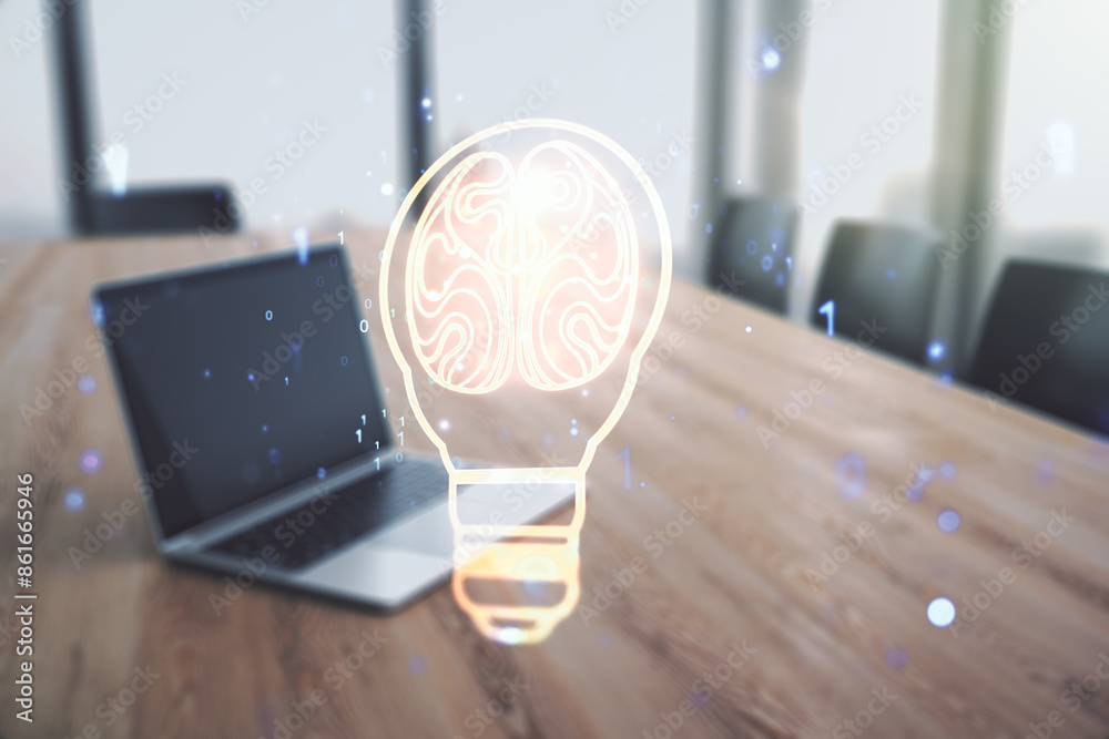 Poster creative light bulb with human brain hologram on modern laptop background, artificial intelligence a