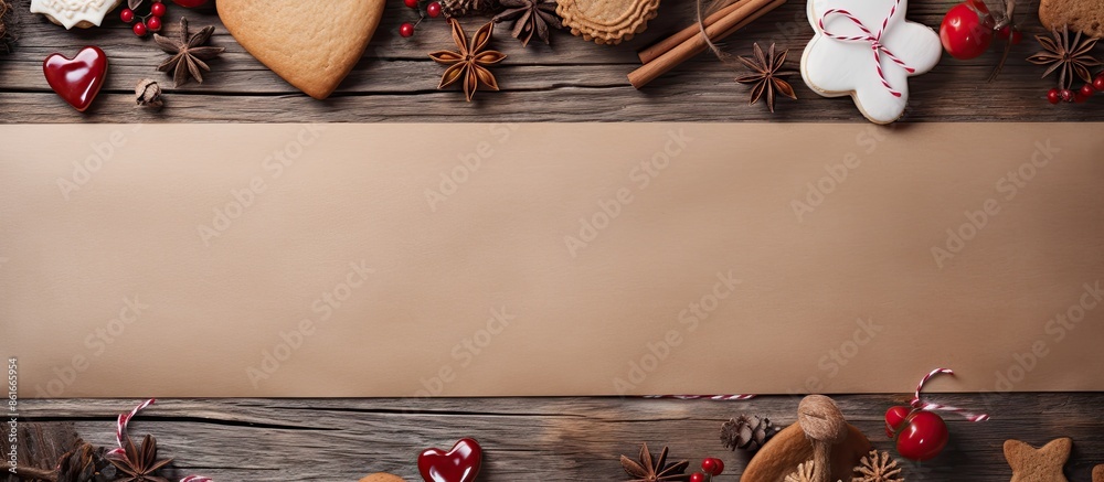 Poster A festive Christmas-themed baking scene featuring a paper with room for text or images. Cookies and a heart made of twigs are displayed beside it. with copy space image