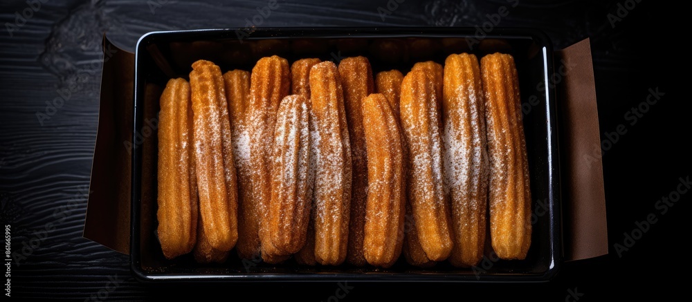 Aufkleber top view flat lay of churros dusted with sugar powder in a paper tray placed on a black background, 