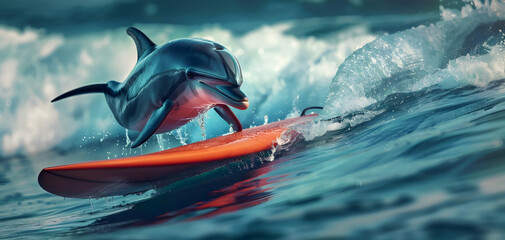 Fototapeta premium A dolphin as a surfer with a surfboard