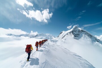 Resilient Sherpas Leading Climbers Up Mount Everest, Showcasing Teamwork and Expertise in Harsh Daylight Conditions © Ryzhkov