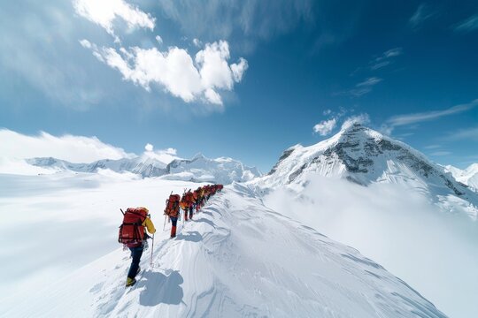 Resilient Sherpas Leading Climbers Up Mount Everest, Showcasing Teamwork and Expertise in Harsh Daylight Conditions