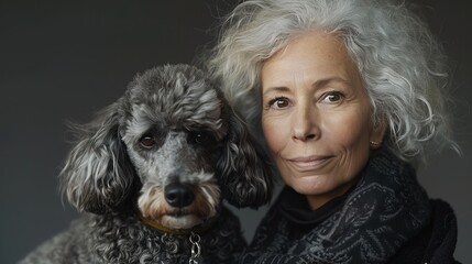 Studio portrait of stylish quirky senior woman with grey hair and her poodle dog. They look a like