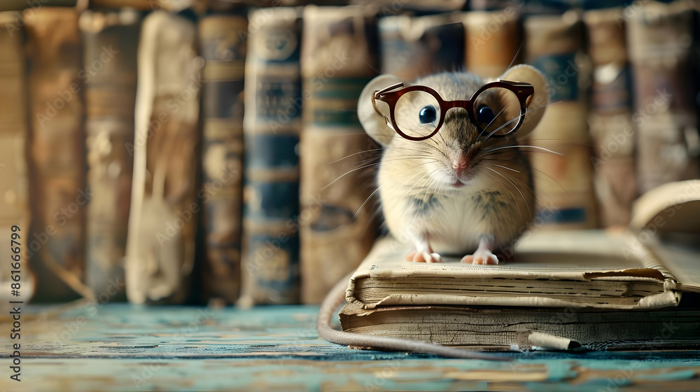 Wall mural A mouse as a librarian with glasses