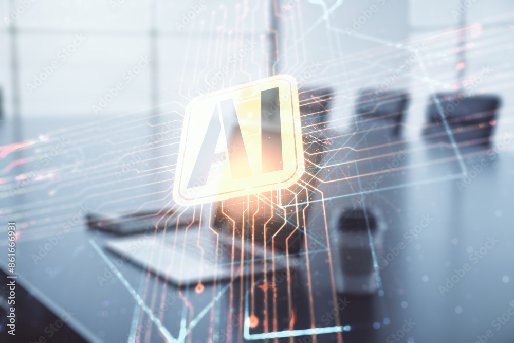 Leinwandbilder double exposure of creative artificial intelligence icon with modern laptop on background. neural ne