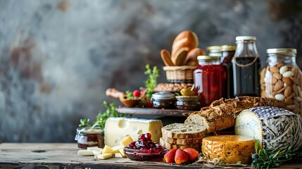 Fototapeta premium Rustic Table Setting with Fresh Baked Bread Organic Cheese and Assorted Natural Jams and Preserves