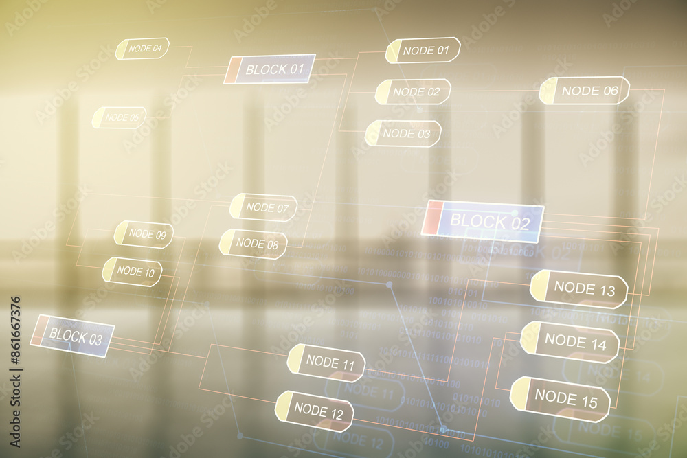 Poster multi exposure of abstract software development hologram on empty modern office background, research
