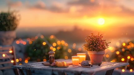 Romantic outdoor dinner setting with candles and flowers on a table during sunset, creating a warm and cozy atmosphere.