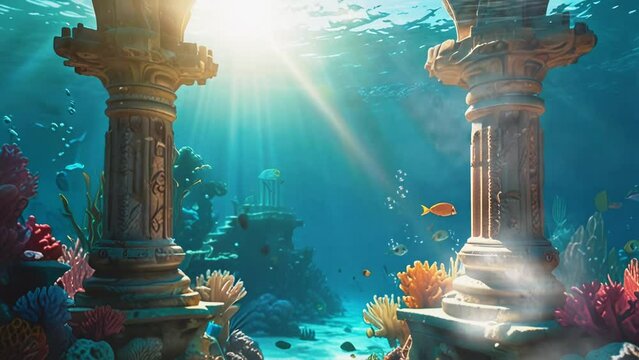 Beautiful seabed view with the ruins of the city of Atlantis, in a smooth looping background with 4K video animation