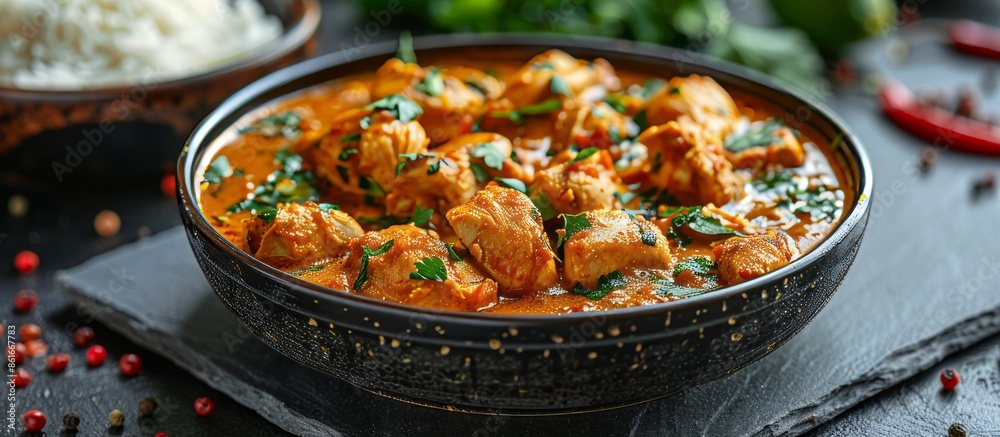 Wall mural delicious indian butter chicken served in black bowl with fresh herbs