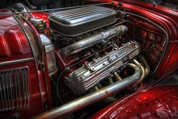 Fototapeta premium A detailed view of a red car's engine with various components and parts visible