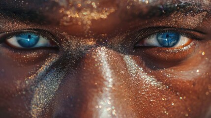 Naklejka premium A close-up view of a person's face covered in glitter, suitable for use in party or celebration scenes