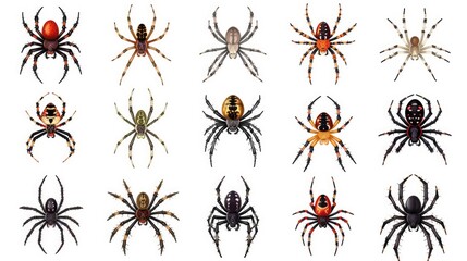 Multiple arachnid species on a plain white surface, ideal for use in educational or scientific contexts