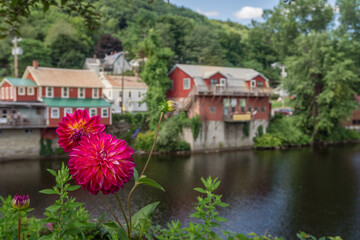 View of the picturesque town of Shelburne Falls, Massachusetts and it's scenic Bridge of Flowers.