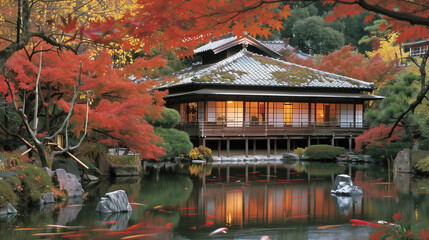 Obraz premium A tranquil Japanese garden in autumn, with vibrant red and orange leaves, koi ponds, and traditional teahouses.