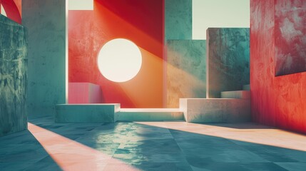 Abstract geometric structure with vibrant red and teal walls and a sunlit circular opening.