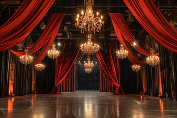 Dramatic Red Draped Entranceway with Chandeliers
