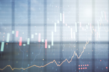 Multi exposure of virtual creative financial graph and world map on empty corporate office background, forex and investment concept