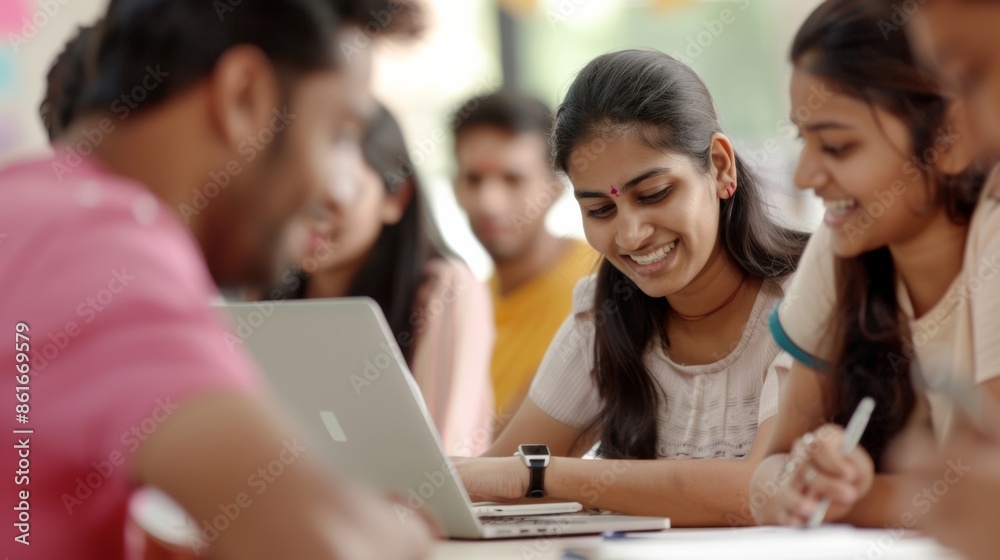 Poster focused indian college students engaged in group study session at library table, discussing notes wi