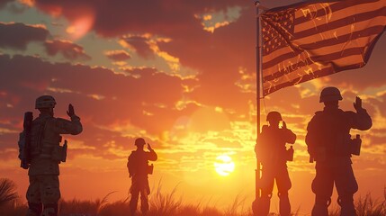 Fototapeta premium US Army soldiers salute the USA at sunset