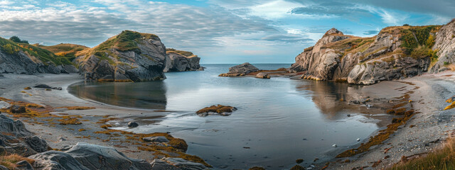 A tranquil coastal inlet, with calm waters sheltered from the open sea by rocky headlands, and sandy beaches stretching out into the distance