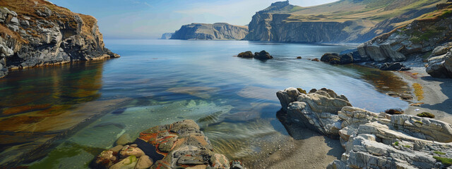 A tranquil coastal inlet, with calm waters sheltered from the open sea by rocky headlands, and sandy beaches stretching out into the distance