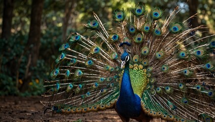 Naklejka premium The mesmerizing dance of a peacock displaying its plumage during mating season ai_generated