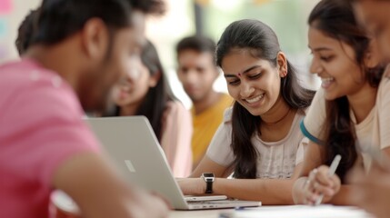 Focused Indian College Students Engaged in Group Study Session at Library Table, Discussing Notes with Laptops