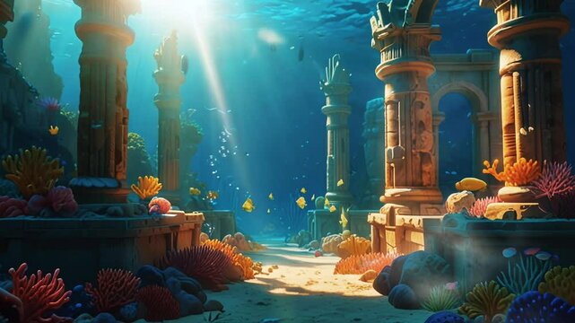 Beautiful seabed view with the ruins of the city of Atlantis, in a smooth looping background with 4K video animation.