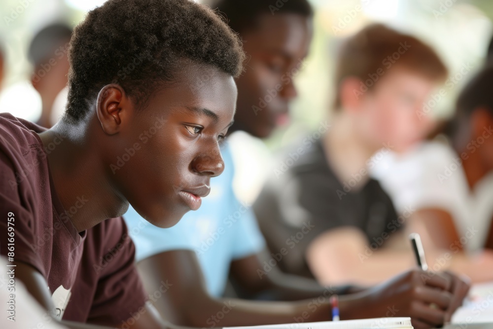 Poster diverse high school students engaged in group study session in classroom, using digital and print re