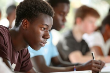 Diverse High School Students Engaged in Group Study Session in Classroom, Using Digital and Print Resources