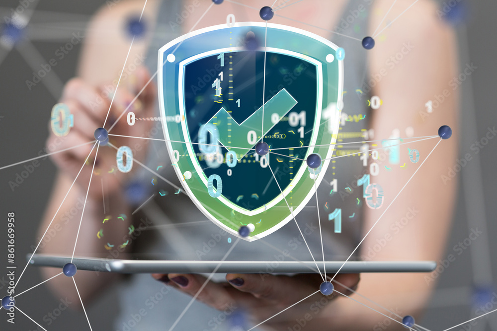 Poster Security Shield concept, data protection. Shield with dots and lines connectio