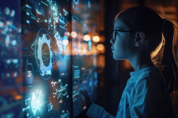 Young girl with glasses absorbed in exploring virtual reality worlds with high-tech visual display