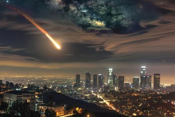 Cityscape at night with a meteor shower brightening the starry sky, symbolizing urban astronomy