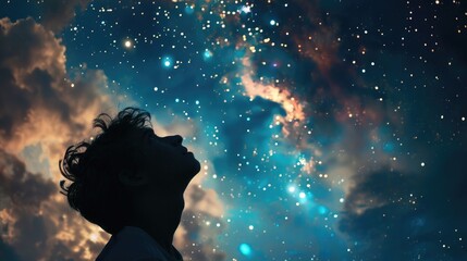 A person looking up at a starry night sky with a look of wonder on their face