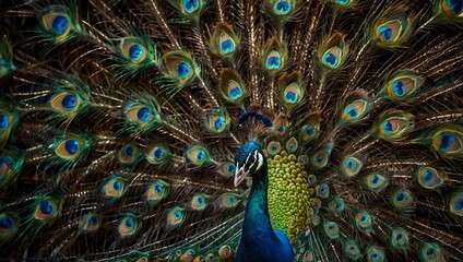 Obraz premium The vibrant iridescence of a peacock's majestic tail feathers in a painting or photograph ai_generated