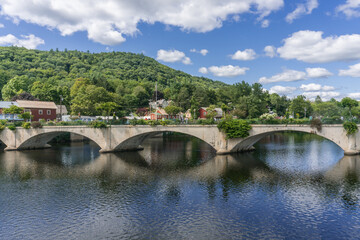 View of the picturesque town of Shelburne Falls, Massachusetts and it's scenic Bridge of Flowers.