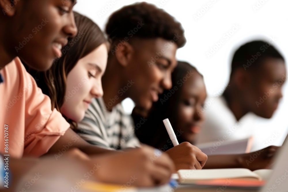 Poster diverse college students collaborating in bright modern classroom, using technology and notebooks