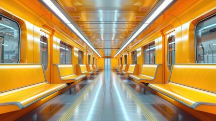 A yellow subway train with empty seats and a sign on the wall