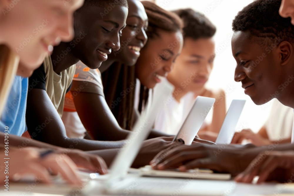 Leinwandbilder diverse group of college students collaborating on project in modern classroom, using laptops and ta