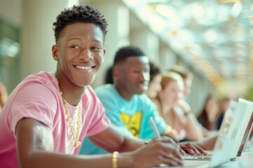 Bright, Diverse College Students Engaging in Collaborative Study at University Library